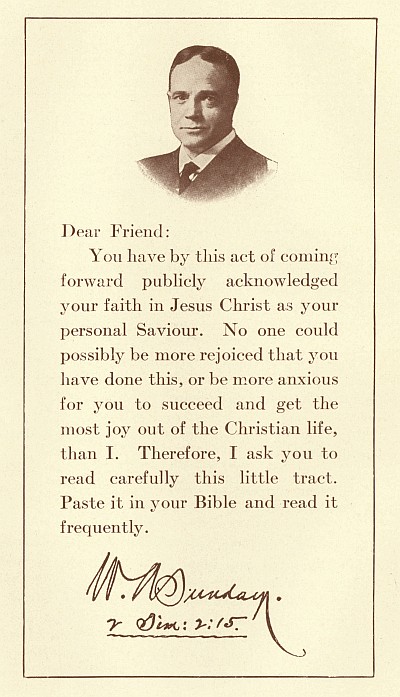 First page of the tract Billy Sunday supplied each convert.